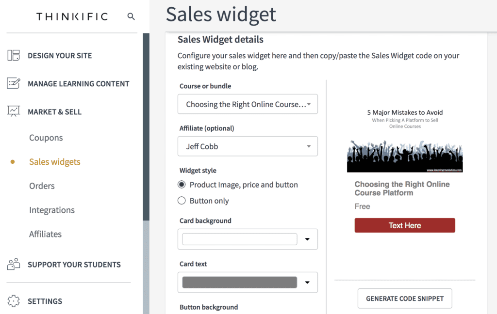 Screenshot of Thinkific sales widgets interface