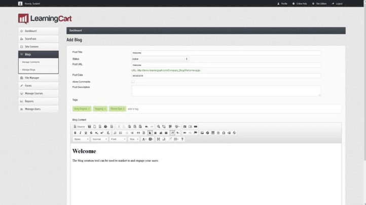 Screen shot of LearningCart blog interface