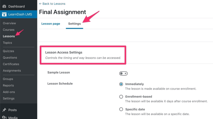 Screenshot of lesson settings tab