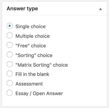 Screenshot of quiz answer types
