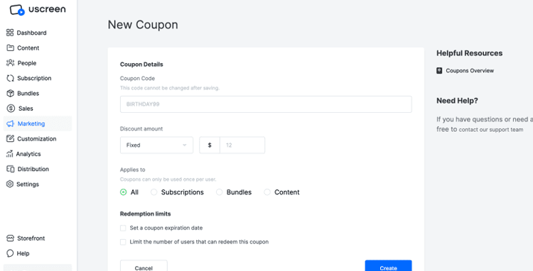 Screenshot of Uscreen coupon options