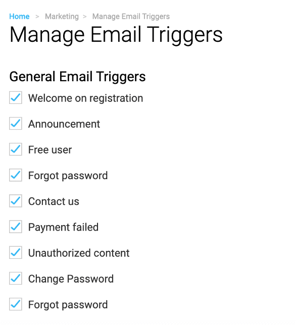 Screenshot of Muvi email options