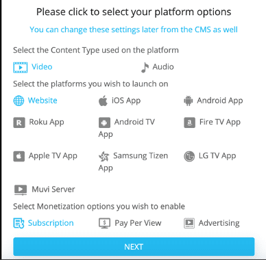 Screenshot of Muvi platform options
