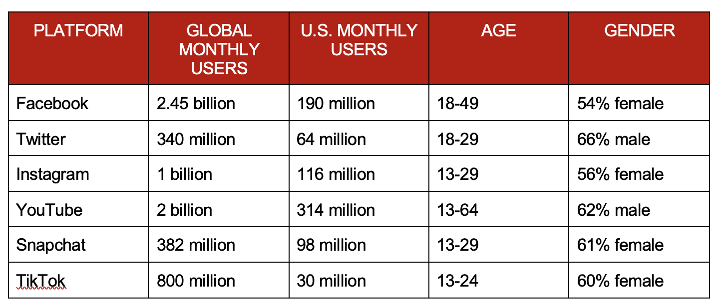 Table with user numbers and gender for Facebook, Twitter, Instagram, YouTube, TikTok, Snapchat