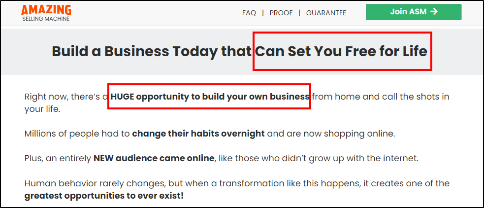 Amazing Selling Machine sales page "Build a Business Today that Can Set You Free for Life"