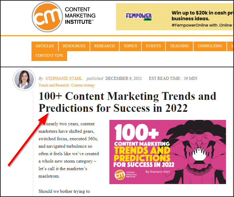 CMI blog post -"100+ Content Marketing Trends and Predictions for Sucess in 2022"