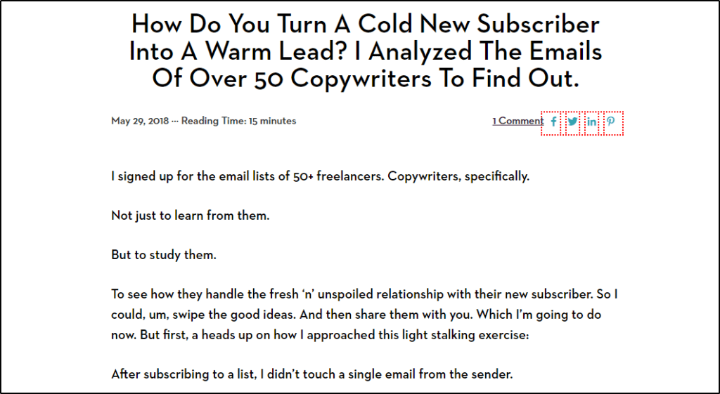 Post titled, "How Do You Turn a Cold New Subscriber Into a Warm Lead? I Analyzed the Emails of Over 50 Copywriters to Find Out"