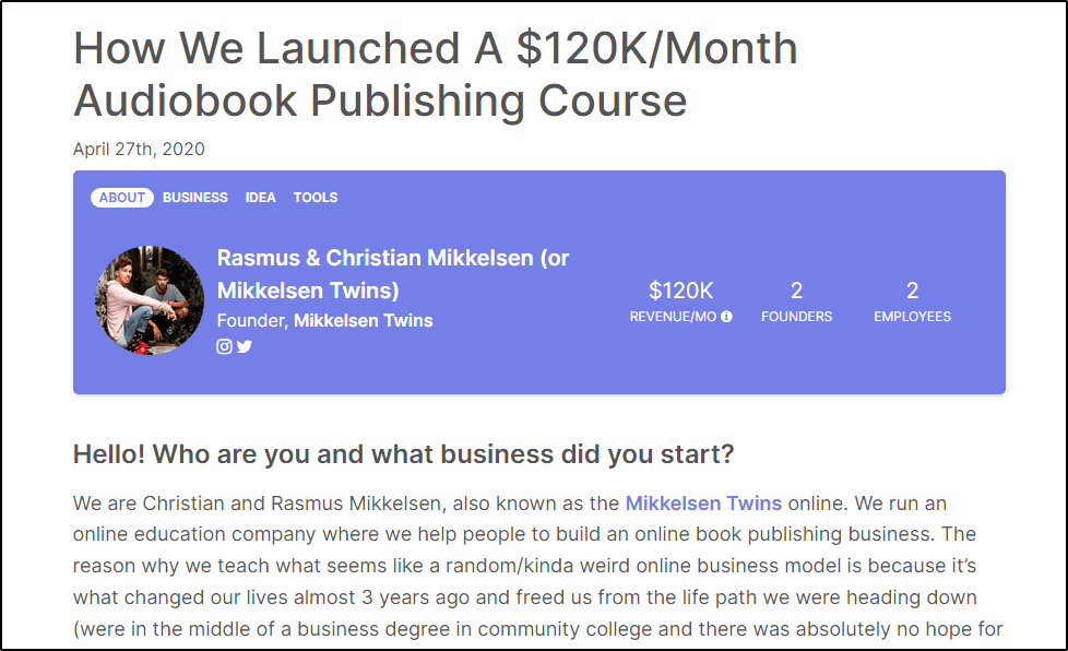 post in Starter Story - "How We Launched a $120k per Month Audiobook Publishing Course"