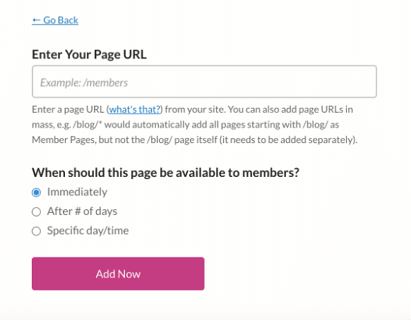 Interface to set page URL on MembersSpace 
