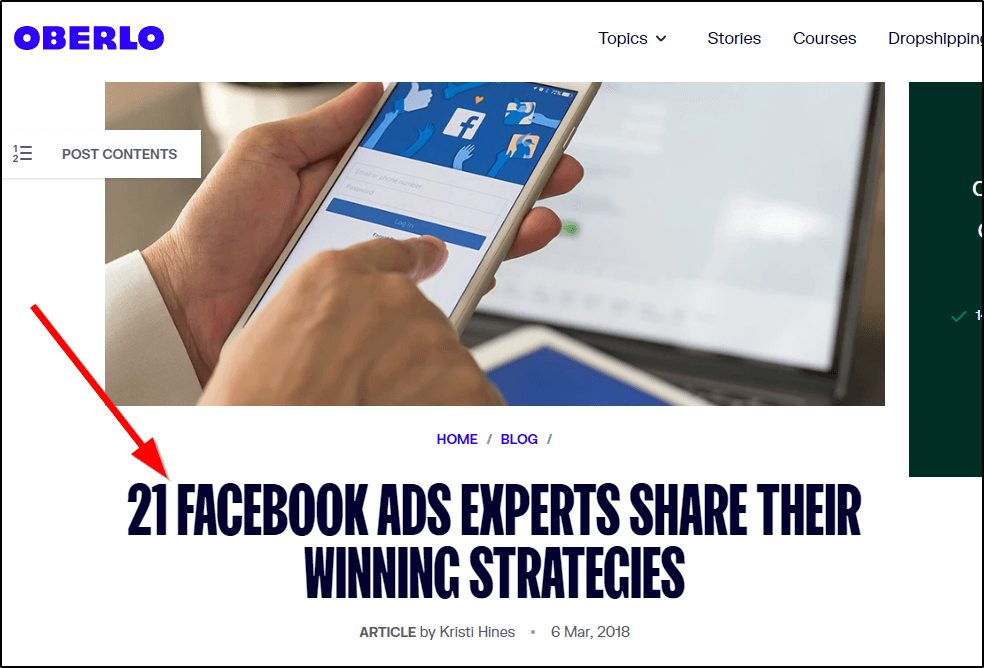 Oberlo post "21 Facebook Ads Experts Share Their Winning Strategies"