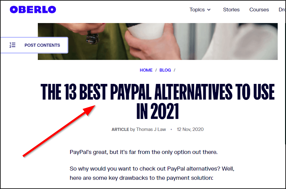 post in Oberlo -"The 13 Best PayPal Alternatives to Use in 2021"