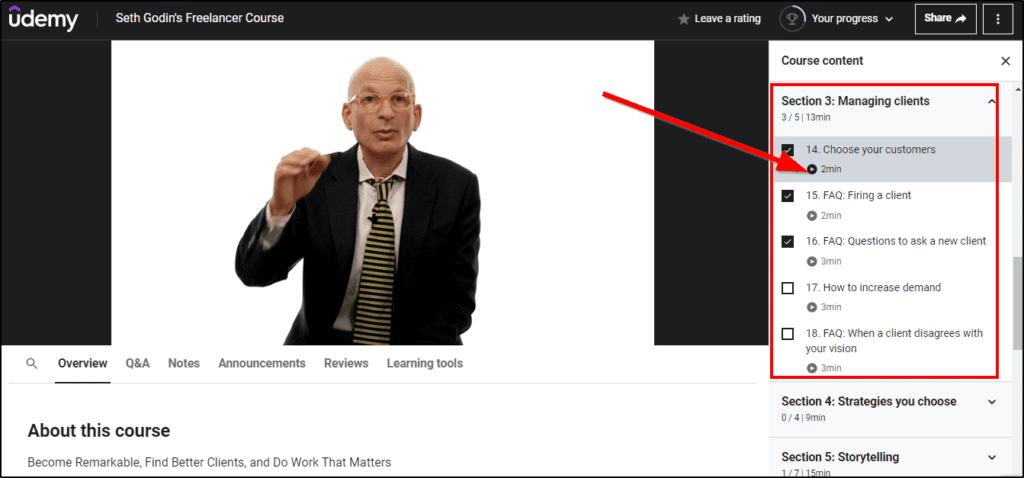 Udemy: Seth Godin's Freelancer Course page with red box around course content menu with arrow pointing at a 2 min lesson.