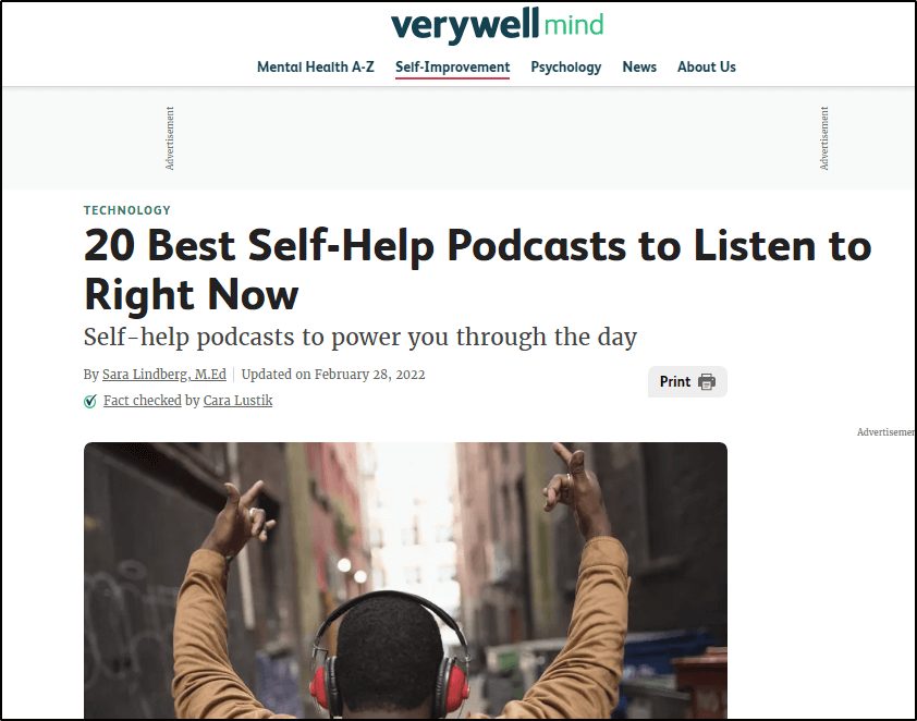 Verywell Mind post -"20 Best Self-Help Podcasts to Listen to Right Now"