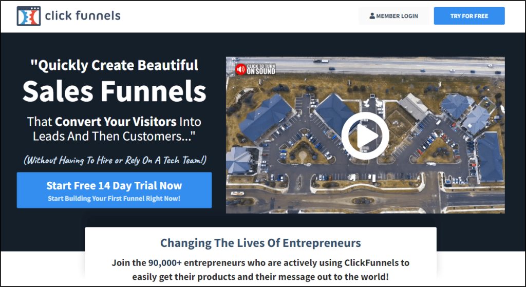Click Funnels "Start 14 day free trial now" page