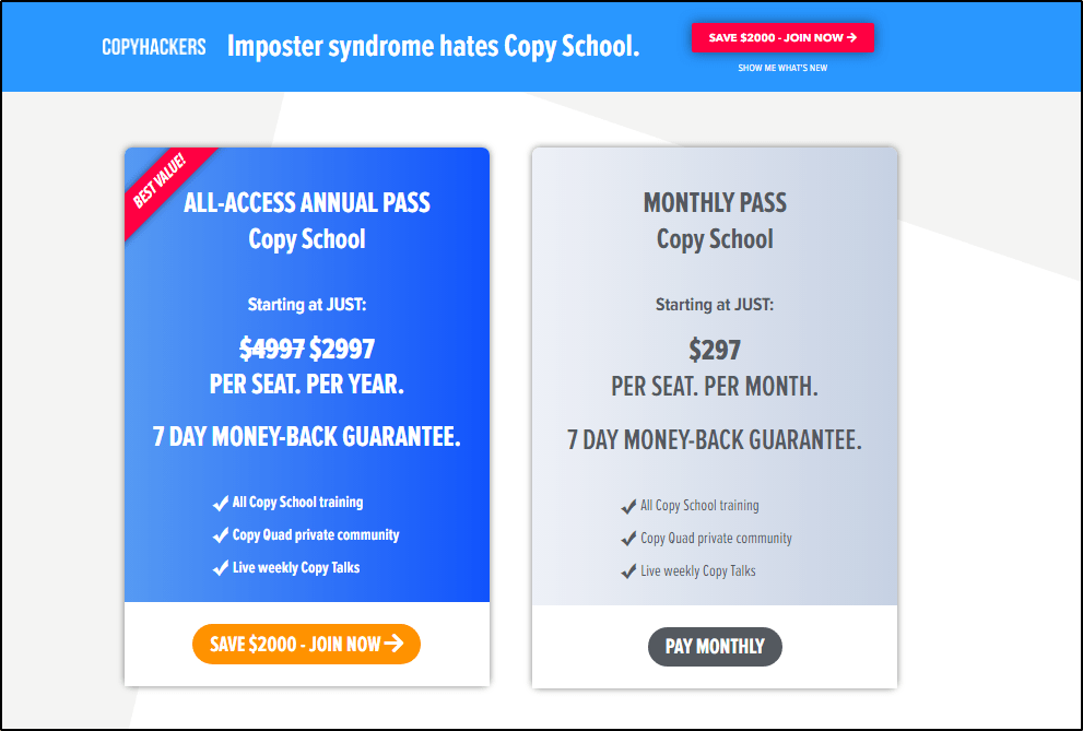 Copyhackers "All Access Annual Pass" and "Monthly Pass" pricing for Copy School