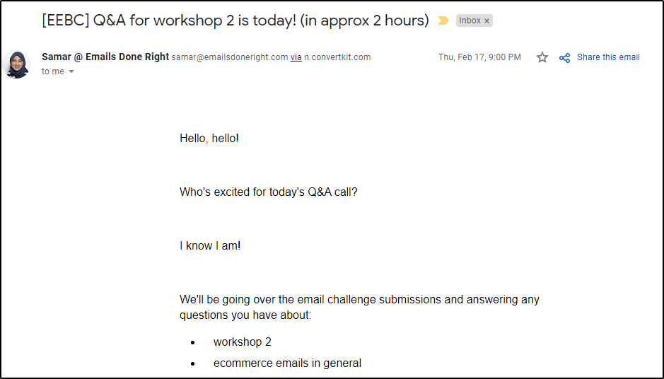 email from Samar Owais at Emails done right -"[EEBC] Q&A Workshop 2 is today!"