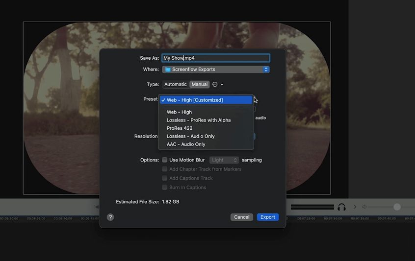 screenshot of "Save As" menu in ScreenFlow to export as an MP4 file or other options