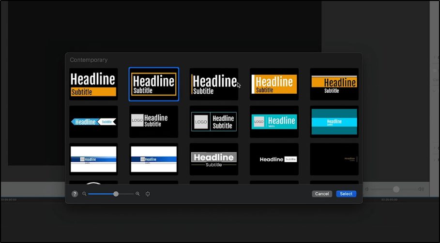 screenshot capturing title animation library in ScreenFlow showing options with text "headline".