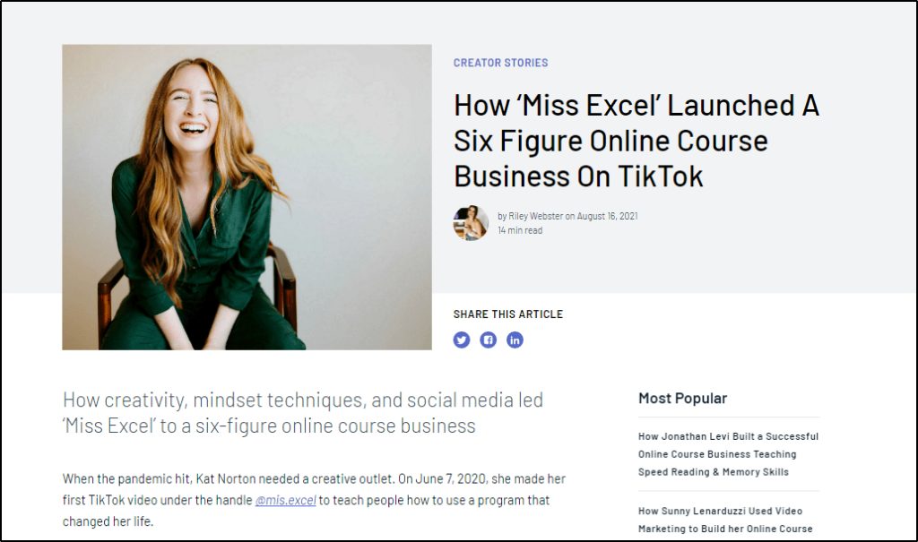 Kat Norton creator story, "How 'Miss Excel' Launched a Six Figure Online Course Business on TikTok"