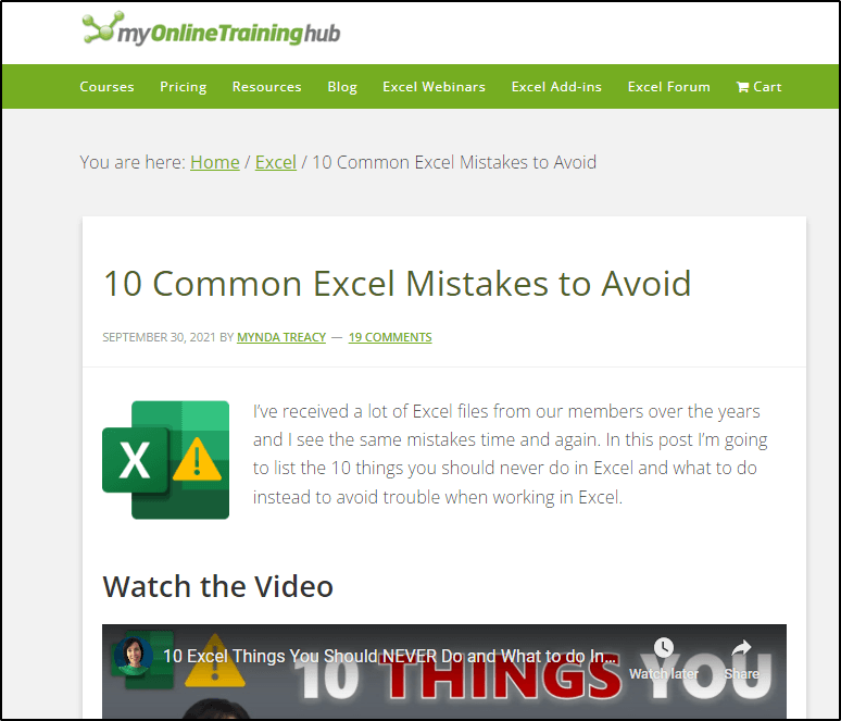 post in myOnlineTraininghub - "10 Common Excel Mistakes to Avoid"