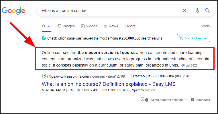 screenshot of Google search "What is an online course"