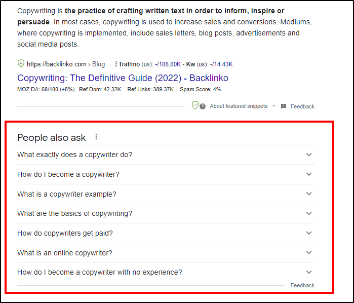 screenshot of google about copywriting showing "People Also Ask"