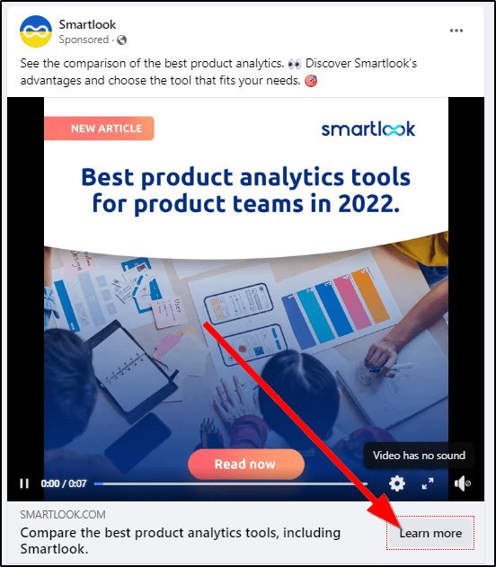 Smartlook Facebook ad, "Best product analytic tools for product teams in 2022"