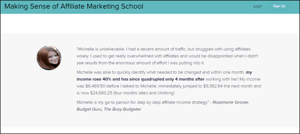 screenshot of testimonial for Making Sense of Affiliate Marketing School. 