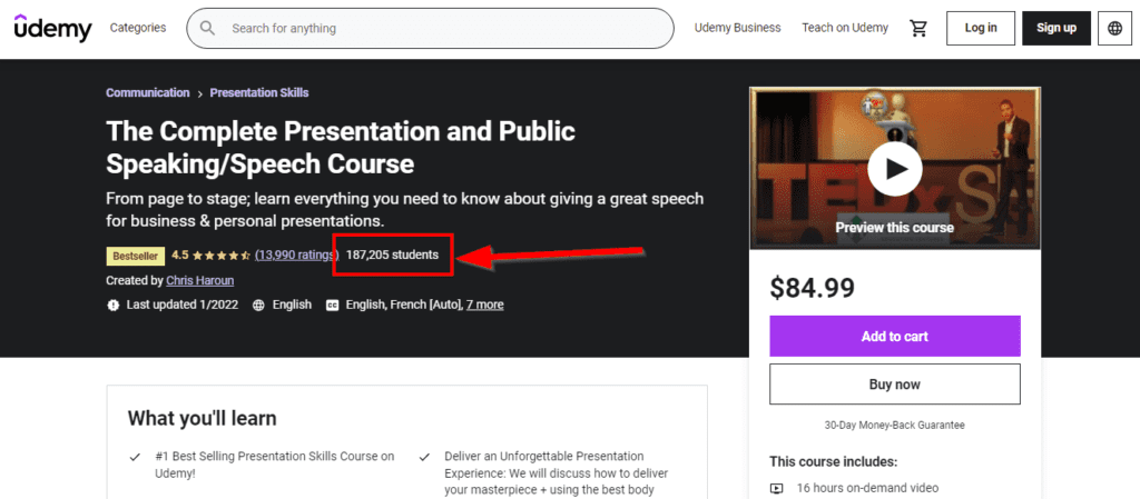 Udemy screenshot with red box showing "187,205 students" have taken the course "The Complete Presentation and Public Speaking/Speech Course"