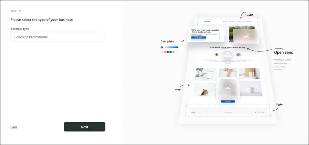 Choose Coaching as a business type for website builder