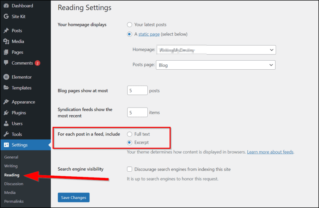 Screenshot of WordPress dashboard → Settings → Reading