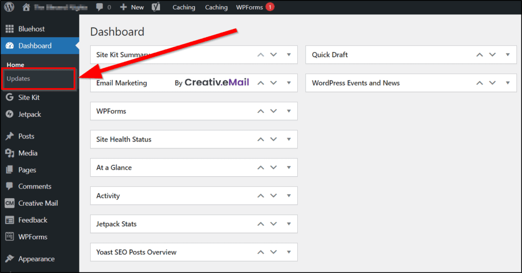 Screenshot of the Updates section of WordPress dashboard.