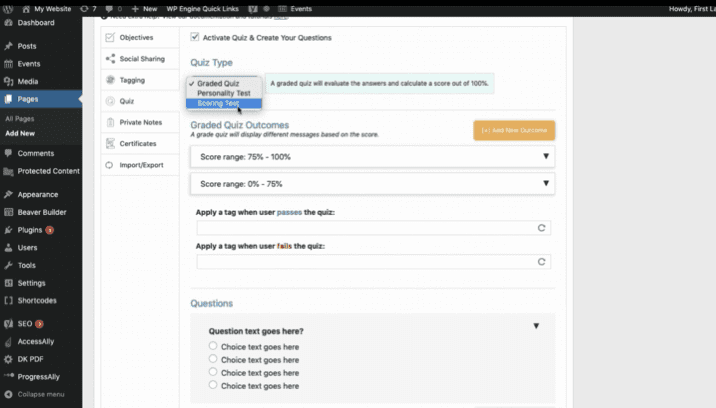 Screenshot of of AccessAlly Quizzes