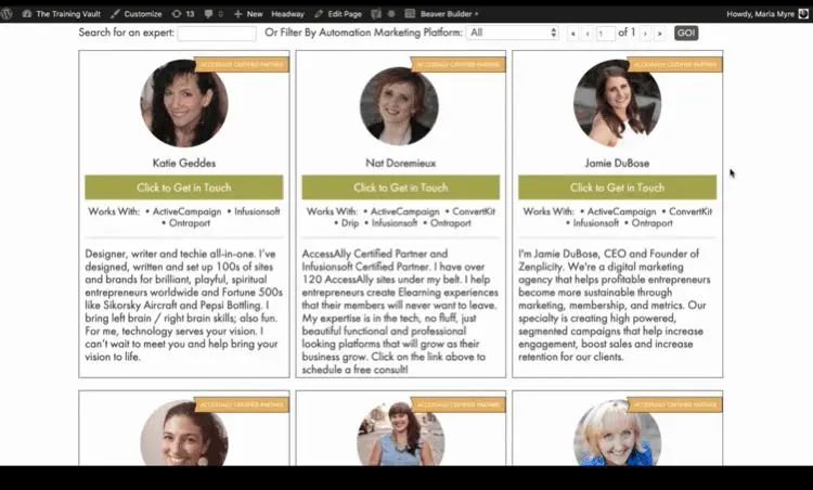 Screenshot of AccessAlly Membership directory