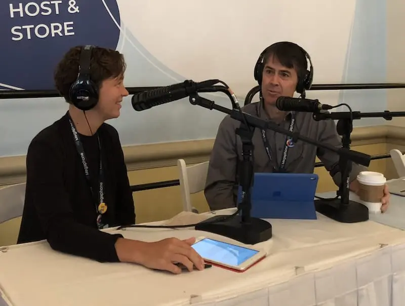 Photo of Jeff Cobb and Celisa Steele recording a Leading Learning Podcast episode