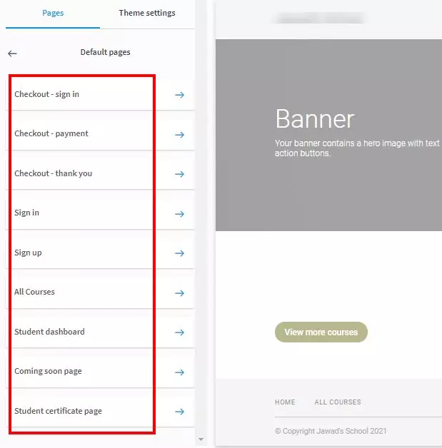 Thinkific page to add the check-in, check-out and coming soon options to the website builder