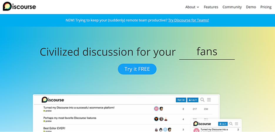 Discourse home page: Civilized discussion for your fans; button to Try it FREE