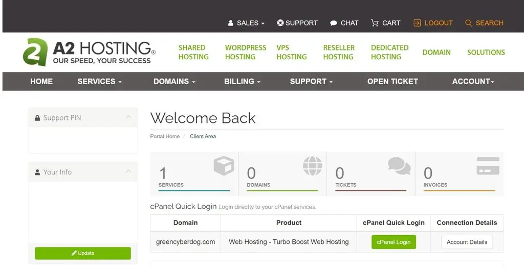 A2 Hosting homepage welcome back dashboard