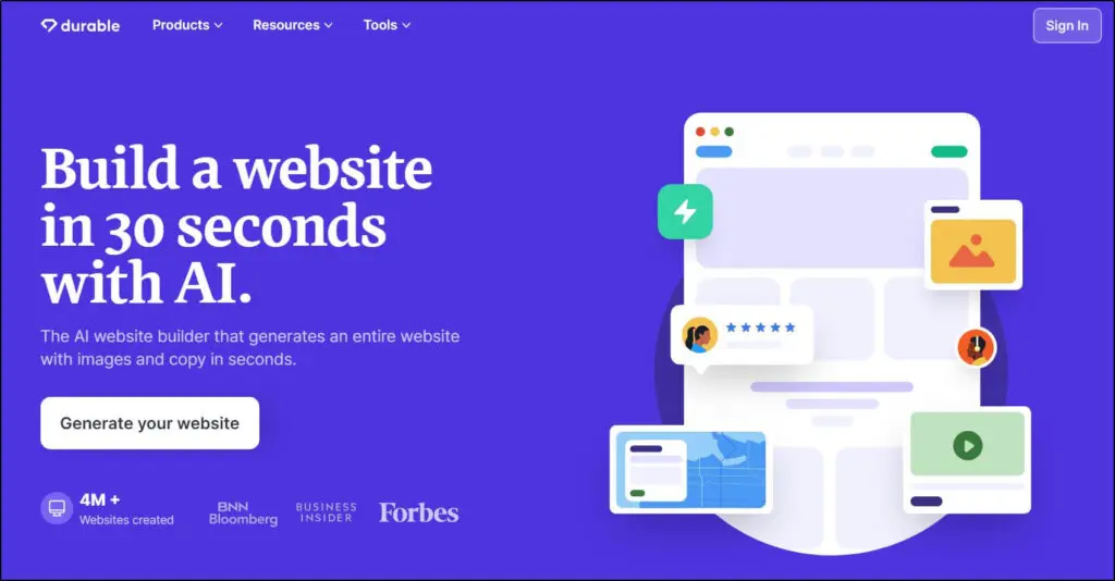 Durable homepage
Generate your website button
Image on right
Copy on left says Build a website in 30 seconds with AI.