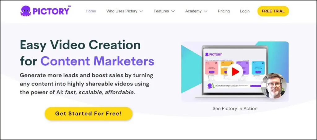 Pictory homepage
Free Trial button
Video to see pictory in action