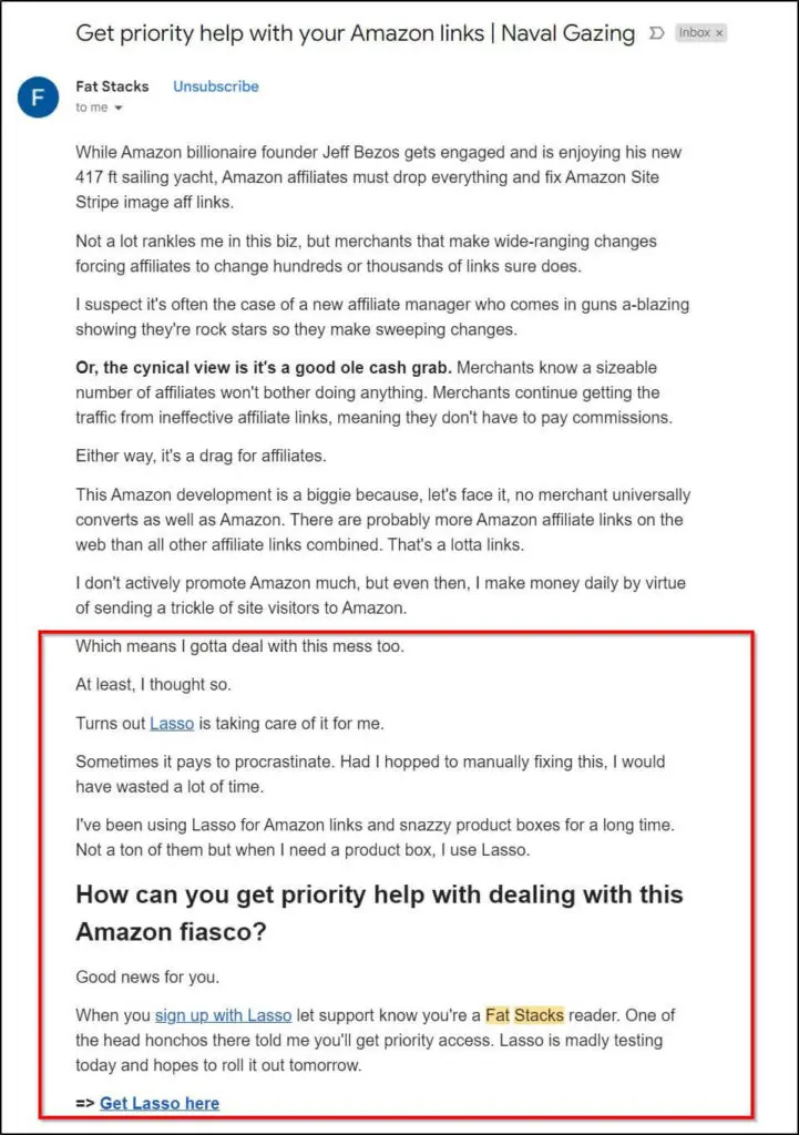 An email from Fat Stacks with a red box around affiliate marketing partner Lasso and info on how to sign up with Lasso