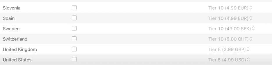 Apple Books country selector for different tiers of countries