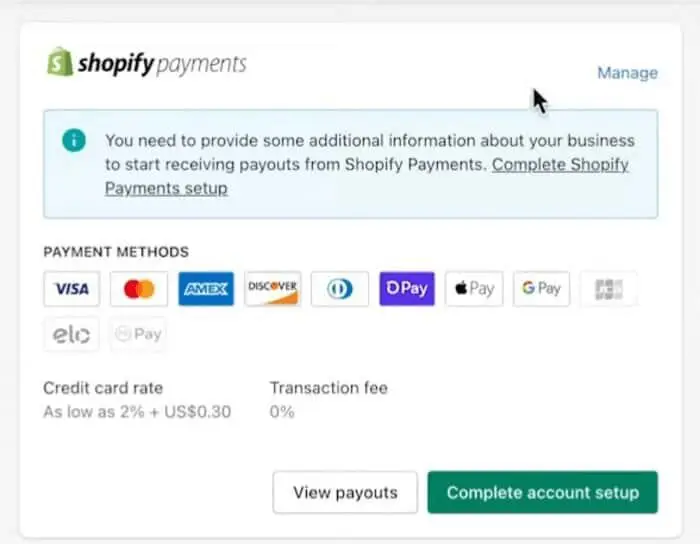 Shopify payments screen with images of payment methods and a view payouts and complete account setup button