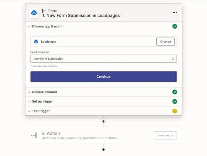 New Form Submission in Leadpages screenshot where you can create an event and a blue continue button 

