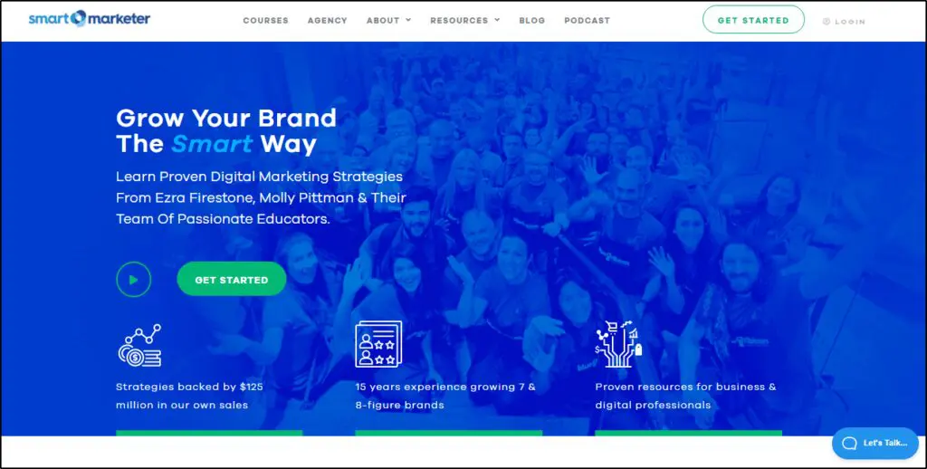 Smart Marketer home page - "Grow Your Brand the Smart Way - Get Started"