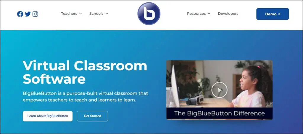 screenshot of BigBlueButton homepage, Virtual Classroom software title with "Learn About BigBlueButton" highlighted button