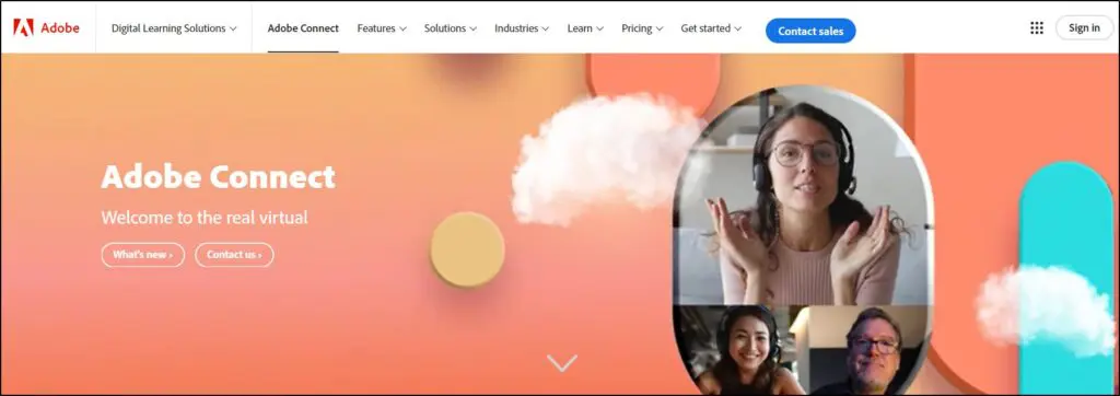 Adobe Connect homepage, "Welcome to the real virtual" with button to Watch Now or Contact Us next to image of girl with headphones, two other people below her.