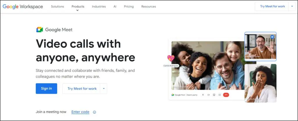 Google Meet homepage with sign in or Try Meet for work buttons