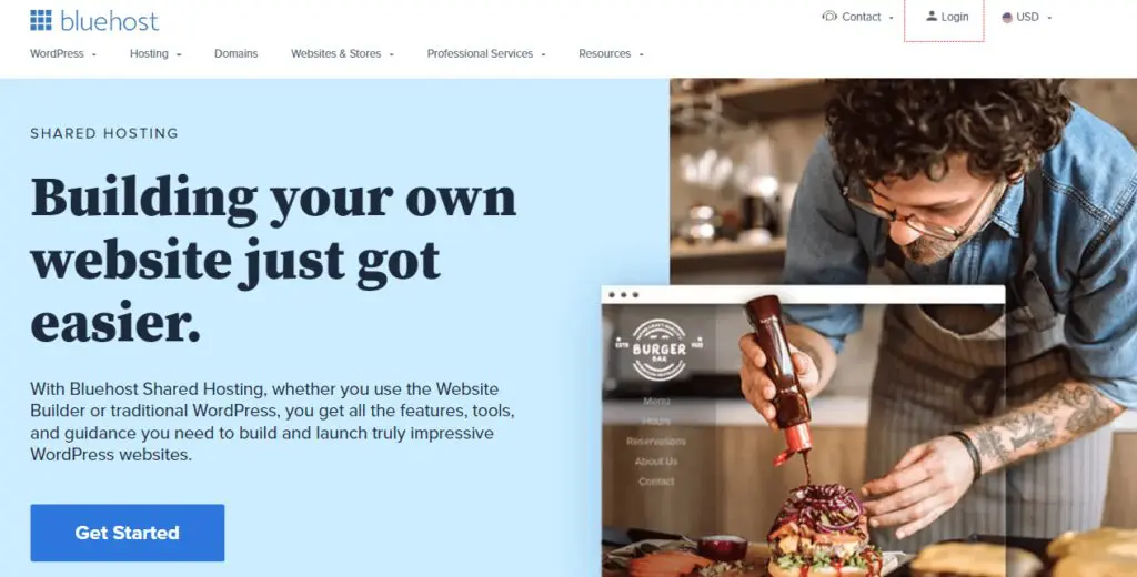 Screenshot of Bluehost webpage "Building your own website just got easier" with "Get Started" button