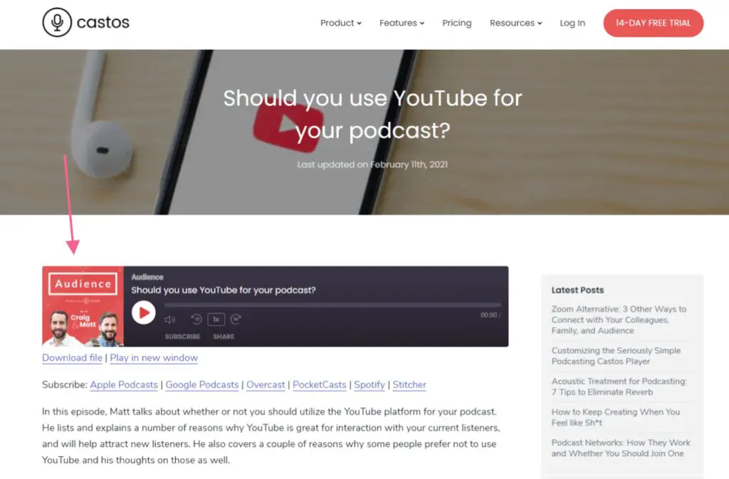 Castos homepage with red arrow pointing to an episode called Should you use YouTube for your podcast?